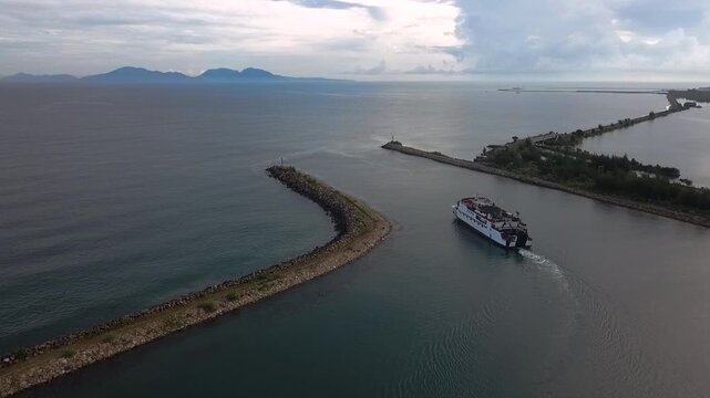 Drone Aerial of Ferry Ship at Ulee Lheue Port, Banda Aceh, Indonesia