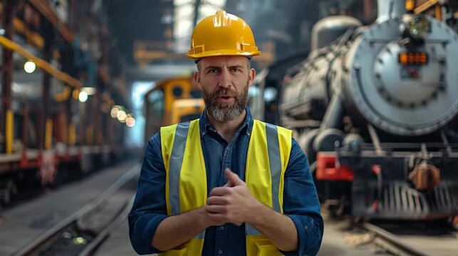 Bearded worker in hard hat and safety vest smiling in train depot with locomotive