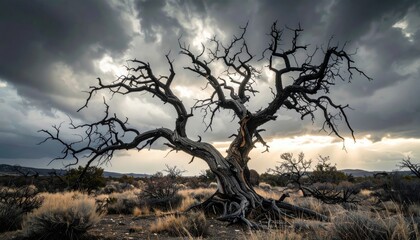 FlyPro Firefly captures gnarled, barren tree branches reaching towards a cloudy sky, showcasing desolate nature under muted grey lighting.