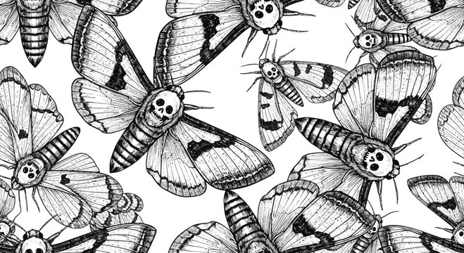 death's head moth illustration, black and white pattern