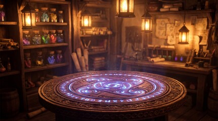 Mystic workshop with glowing magical table and potion bottles