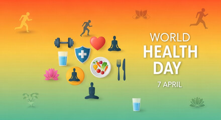 World health day poster with healthy lifestyle icons on colorful gradient background