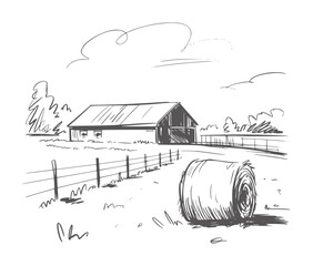 Black and white ink of a rural farm scene with barn and hay bale © Asha