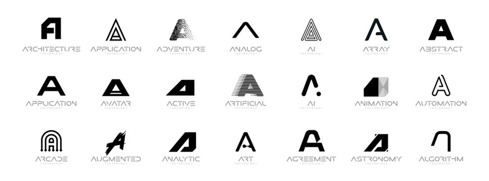 Letter A Logo Collection in Futuristic Tech Style, Modern Geometric Minimalist Creative Branding for Business Identity Design. Monogram Set for Startups, Businesses, Companies. Vector Illustration