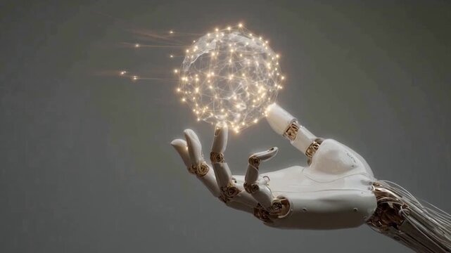 Artificial Intelligence's Guiding Hand: A sleek, robotic hand gently cradles a glowing sphere of connected lights.