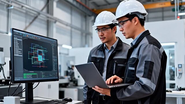 Two engineers working on computer in factory