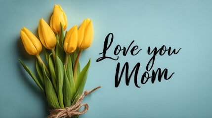 Creative flat lay top view Mothers Day greeting card with red tulips spring flowers on pink background