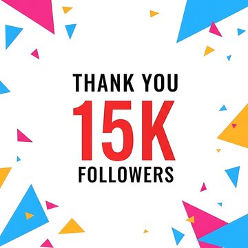 Thank you 15k followers red text with confetti isolated on white background