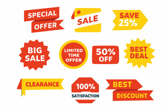 Modern red and yellow discount label collection with special offer ribbons, sale tag, save 25%, big sale burst, limited time offer, 50% off, clearance and satisfaction badge for ecommerce.