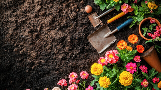Garden tools and plants on a soil background. Spring garden works concept
