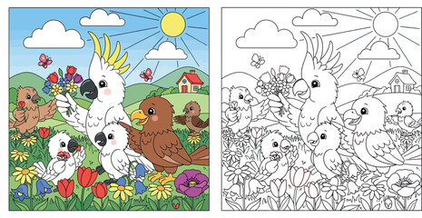 Obraz premium Cute cockatoo cartoon family with flowers in sunny meadow vector illustration. Happy parrot and eagle friends in spring nature. Funny bird characters for kids and nursery print.