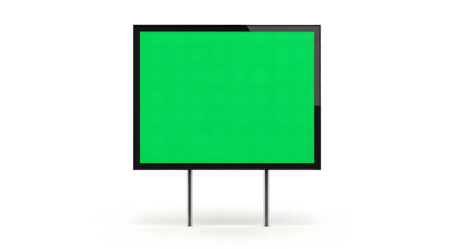 A blank green billboard on metal poles stands outdoors in a public area with a simple shadow