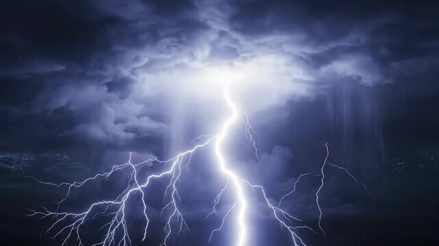Lightning strikes over dark clouds during a storm in the night sky with bursts of light and rumbling sounds