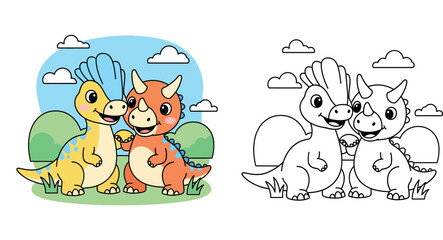 Cute baby dinosaur friends cartoon vector illustration. Happy triceratops and dino character holding hands. Funny prehistoric animal mascot design for kids, sticker, and nursery print. © MstSangita