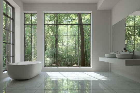 Contemporary bathroom space features freestanding tub and double vanity with expansive forest view windows