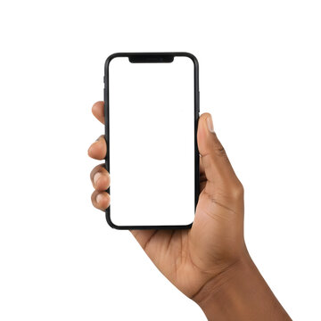 Person Holding Smartphone with Blank White Screen Isolated on Black