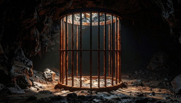 FlyPro Firefly Rusty Metal Cage With Distorted Bars Surrounding A Hollow Void Realistic Photography Style Harsh Shadow Play Lighting