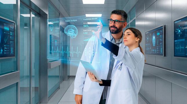 Hospital doctors reviewing AI patient analysis and predictive brain model interface