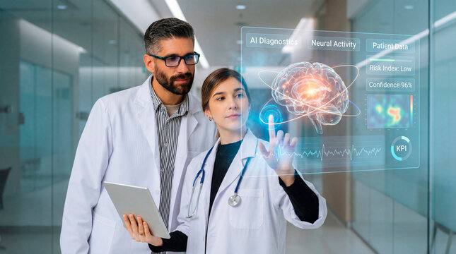 Doctors analyzing AI brain diagnostics interface inside hospital corridor