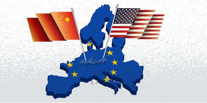 Political illustration competition for the European market, global superpowers USA and China  economic and political influence on EU market European Union.