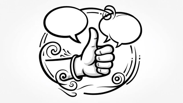 Thumbs up hand drawn cartoon animation with speech bubbles for message or feedback presentation on white background