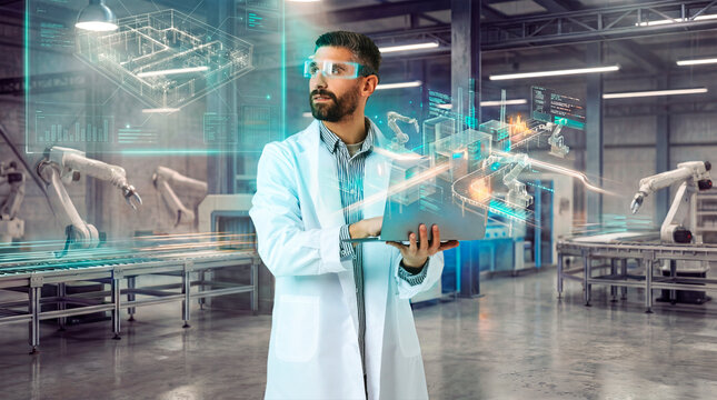 Industrial engineer monitoring robotic production line through digital twin interface in smart factory