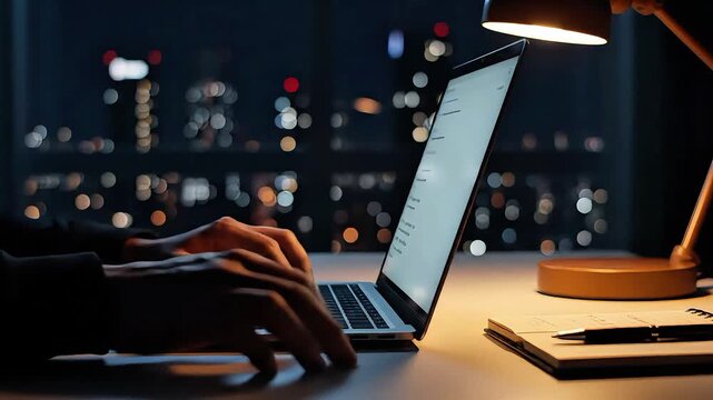 Working late night on laptop with city lights bokeh background focused on productive tasks