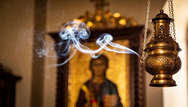 Serene evening worship scene featuring gilded icons and curling fragrant incense trails