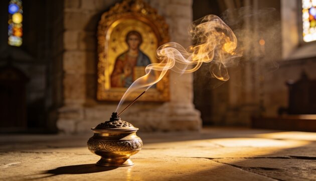 Serene evening worship scene featuring gilded icons and curling fragrant incense trails