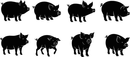 Pig silhouette collection, farm animal vector set, black pig icons isolated, livestock illustration, domestic swine graphic design © MstMinara
