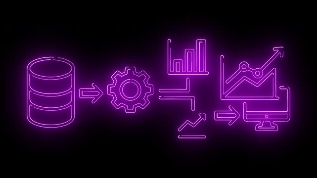 Neon-lit purple flowchart diagram with database, gear, bar chart, and line graph icons on a black background with a futuristic and technological mood.