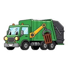 Cartoon Green Garbage Truck with Bin.
