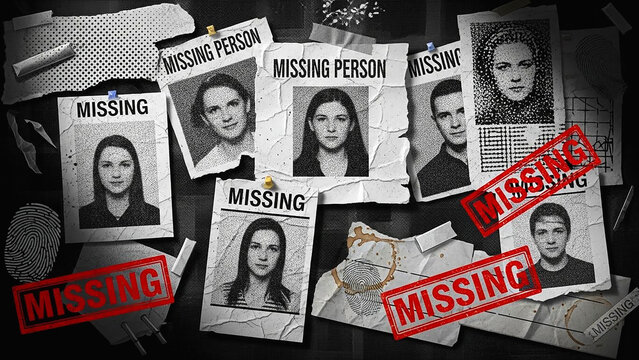 Retro noir detective investigation collage with missing person posters torn newspapers halftone textures red stamped alerts and cinematic true crime evidence board aesthetic