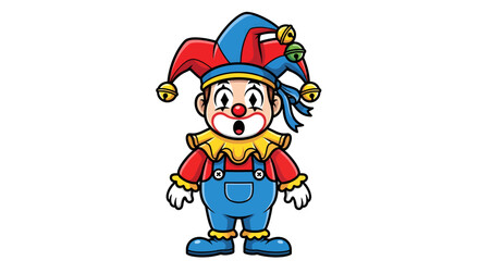 Fototapeta premium Adorable jester clown cartoon character with colorful hat and surprised expression.