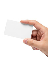Obraz premium Hand holding a blank white business card isolated on transparent background
