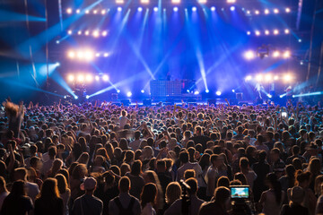 Large Crowd of Fans at Live Music Concert with Vibrant Blue Stage Lights