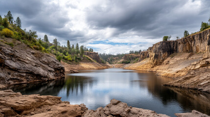 Naklejka premium Empty reservoir with visible dam and exposed rock. Water crisis and water shortage in summer during long drought is a global problem of drought on the planet.