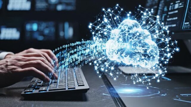 Typing on keyboard with emerging data cloud for technology solutions and cybersecurity concepts in digital network,server,and artificial intelligence systems