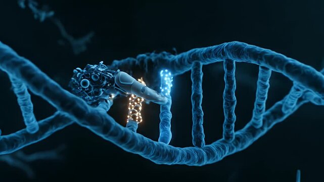 3D Animation of Blue DNA Double Helix Structure Rotating with Glowing Sections Against Dark Medical Background