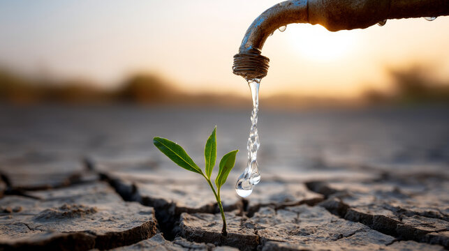 Drops of water are dripping from the tap onto a green sprout among the cracked earth, the concept of drought and lack of water on earth. Water crisis and water shortage in summer during long drought 
