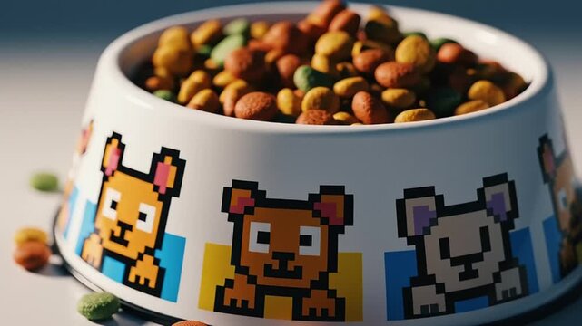 A colorful pet food bowl filled with kibble and decorated with cute cartoon animals for a playful video about pet nutrition and care