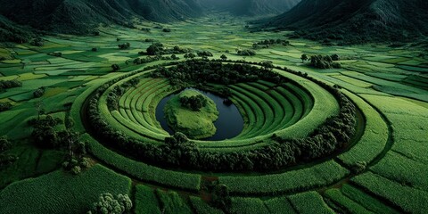 A circular organic farm with patterns of green crops and irrigation lines forming abstract designs