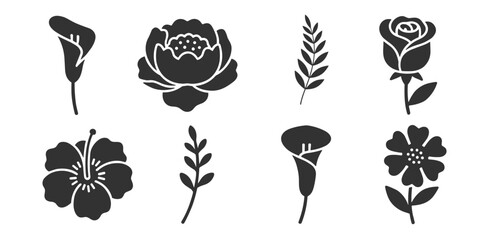 Floral flower silhouette icon set vector, botanical blossom rose peony and leaf elements isolated on transparent background © gerik_a