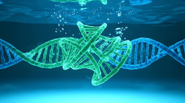 3D Animation of Blue and Green DNA Strands Intertwining Underwater with Bubbles and Ripples
