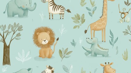Fototapeta premium Cute cartoon jungle animals seamless pattern. Safari animals pattern with giraffes, elephants, and lions on a light blue background