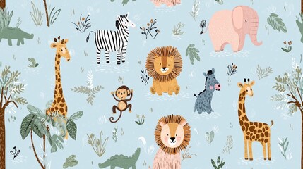 Fototapeta premium Cute cartoon jungle animals seamless pattern. Safari animals pattern with giraffes, elephants, and lions on a light blue background