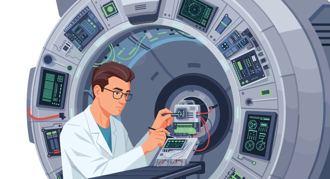 A focused male scientist in a white lab coat and glasses is meticulously working on a complex medical scanning machine with multiple controls and screens.