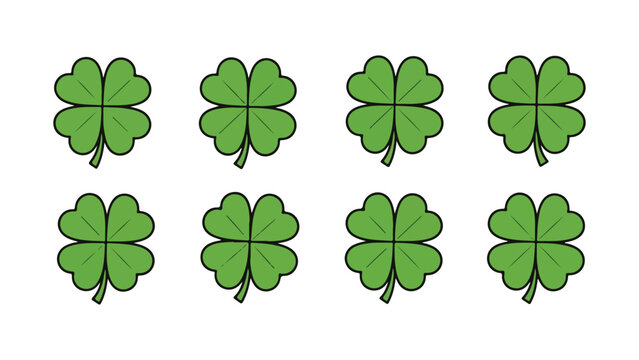 Eight green four-leaf clovers in a row, flat design vector illustration