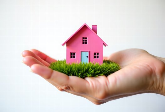 a plot of land with grass and a house in the palm of your hand on a white background. purchase and sale of residential real estate