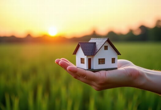 plot of land with grass and a house in the palm of your hand on background of field and sunset. purchase and sale of residential real estate